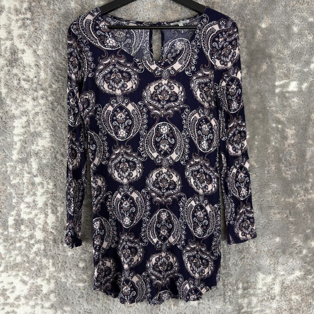 Charlotte Russe‎ Size S Boho Abstract Keyhole Top Navy Long Sleeve Pullover